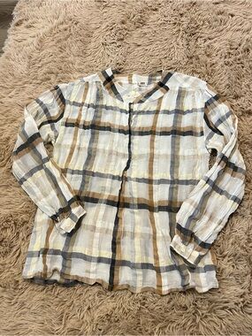 Vintage Jean Claude Lightweight Plaid Button-Front Blouse in Cream Tan S/M